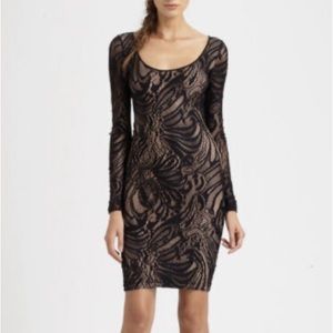 Black lace bcbg maxazria dress size medium stretchy nude lining.